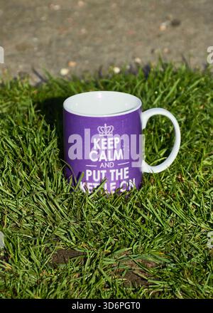 Keep Calm And Put The Kettle On Mug On Grass Outdoors On Sunny Day Stock Photo