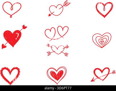 Collection of hand-drawn red heart designs with arrows and crossed arrows Stock Vector