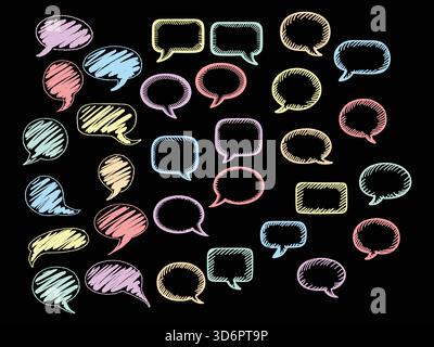 Colorful chalk-style speech bubbles with sketchy texture scattered on a black background, conversation concept. Stock Vector