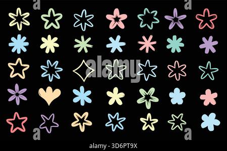 Pastel stars and flowers in a 35-design grid against a black background, featuring geometric shapes, celestial concept. Stock Vector