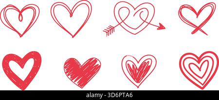 Collection of eight hand-drawn red heart designs with sketchy, detailed elements, emotion concept. Stock Vector