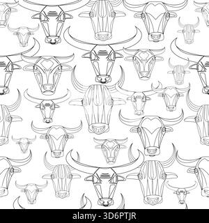Seamless pattern with black and white bull faces on a white background Stock Vector