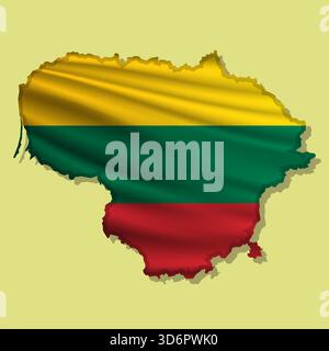 Waving vector abstract flag of Lithuania in map shape with shadow Stock Vector