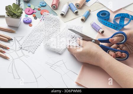 High angle sewing set fabric thread Stock Photo
