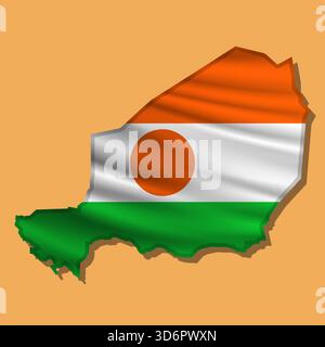 Waving vector abstract flag of Niger in map shape with shadow Stock Vector