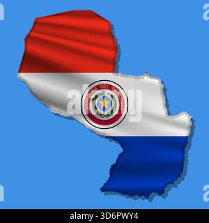 Waving vector abstract flag of Paraguay in map shape with shadow Stock Vector