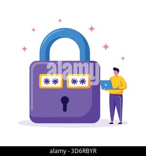Data security concept with person using laptop and large lock Stock Vector