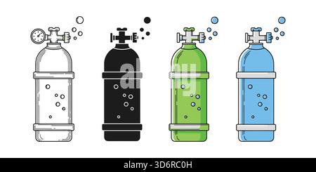 Colorful Oxygen Tanks for Underwater Diving or Industrial Use Illustration Stock Vector