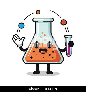 Cartoon Erlenmeyer Flask Juggling Colorful Balls and Holding a Test Tube Stock Vector