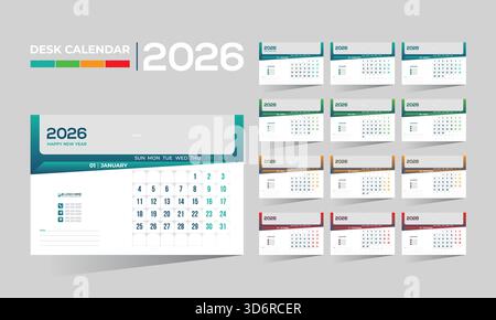 2026 desk vector 12 month 12 page calendar design for any kind of use Stock Vector