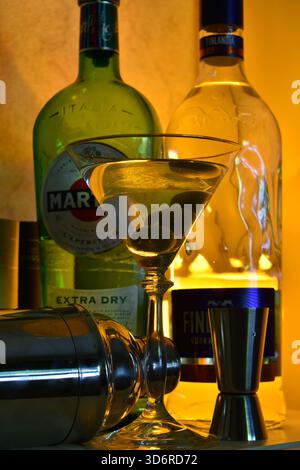 Vertical close-up cocktail with Finlandia vodka and Martini vermouth in modern bar style Stock Photo