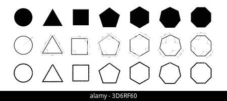 Basic Geometric Shapes Collection Circle, Square, Triangle, Polygon Outlines and Solid Fill Elements. Stock Vector