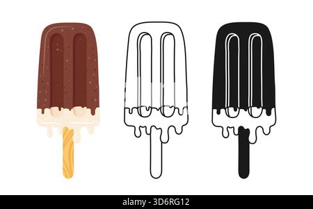 Ice cream symbol cartoon set. Melting dripping ice cream on stick with chocolate glaze illustration. Summer dessert Ice cream linear doodle icon. Vector design hand drawn sweet stylized sign Stock Vector