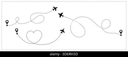 Minimalist Airplane Travel Route with Dotted Line Path and Heart Shape. Stock Vector