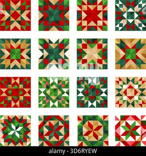 Festive Christmas ornaments, decoration patterns with geometric star motifs in red, green, beige, and white. Perfect for Christmas wrapping, cards, te Stock Vector