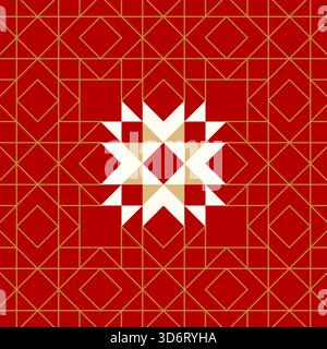 Gold Geometric Patterned Frame on Red Background, thin gold lines, vector illustration, Symmetrical star on red grid, golden outlines. Quilt-inspired Stock Vector