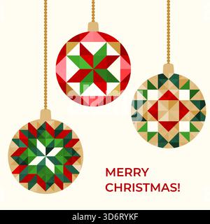 Three Christmas ornaments with geometric quilt patterns in festive colors hang on gold chains, text Merry Christmas. Cozy, traditional, and perfect fo Stock Vector