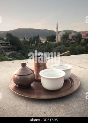 traditional turkish coffee set on Stari Most in Mostar, Bosnia and Herzegovina Stock Photo