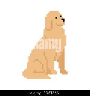 Retro pixel art Golden Retriever dog sitting. 8-bit or 16-bit style pet icon for animal, veterinary, or gaming concepts. Stock Vector