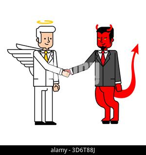 Balance and compromise concept. Angel (good) shaking hands with a demon (evil), symbolizing negotiation between opposing forces and moral dilemma. Stock Vector