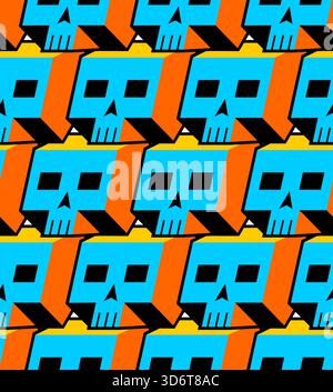 Seamless abstract pattern of stylized, geometric skulls in vibrant neon blue and orange colors. Vector background for gaming, cyber, or dark technolog Stock Vector