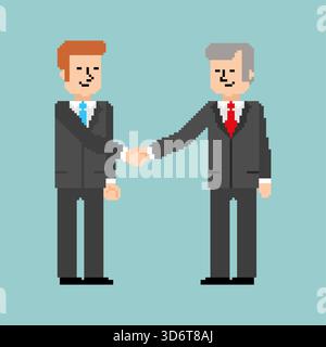 Retro pixel art business handshake between two men. 8-bit or 16-bit style icon for partnership, agreement, or digital commerce concepts. Stock Vector