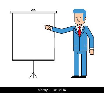 Businessman or speaker presenting information on a whiteboard. Flat vector illustration for concepts of meeting, training, lecture, or business strate Stock Vector