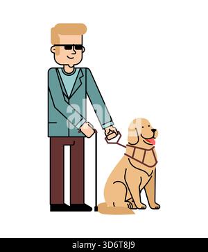 Visually impaired man with a guide dog. Flat vector illustration for concepts of assistance, support, accessibility, disability, or animal service. Stock Vector