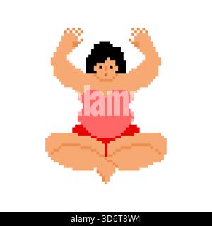 Plus-size woman in pixel art style stretching or doing a yoga exercise with raised hands. Concept for body positivity, 8-bit health, and mindfulness. Stock Vector