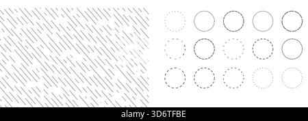 Circles with dashed line, Set Dashed and dotted circle frames or icons. Dotted round lines, Cut here pictograms for coupons or tags. Vector outline. Vector illustration Stock Vector