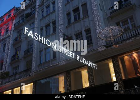 Sign of Budapest's famous shopping street Váci street or Fashion Street Budapest decorated for Christmas in the evening in Budapest, Hungary Stock Photo