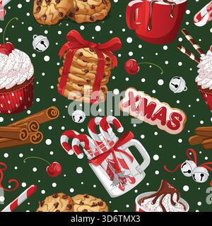 Christmas Desserts Seamless Pattern with Cupcake, Hot Chocolate, Cookies, Xmas and Candy Canes Jar - Festive Vector Background Stock Vector