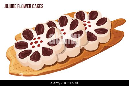 Jujube Flower Cakes Served on Wooden Tray. Chinese Beijing Special Lunar New Year Sweet Flaky Pastries Stock Vector