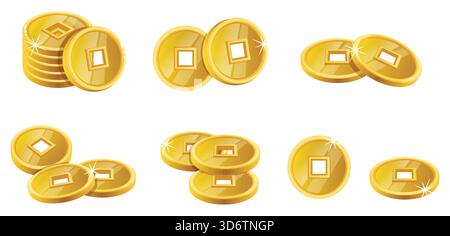 Set of Ancient Chinese Gold Coins in Stacks & Singles, Traditional Feng Shui Prosperity Symbols Used for Wealth, Fortune, Games and Chinese New Year Stock Vector