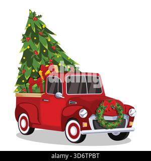 Classic Retro Red Pickup Truck with Wreath Carrying Decorated Christmas Tree and Presents. Festive Vehicle Artwork Isolated Stock Vector