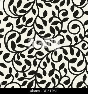 Black and White Leaf Pattern Seamless Vector, Neutral Monochrome Minimal Organic Floral Wallpaper Background or Fabric Textile Design Backdrop Stock Vector