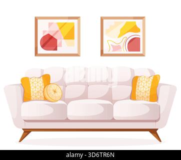 Modern Sofa with Abstract Wall Paintings. Cozy Living Room Interior Isolated Illustration Stock Vector