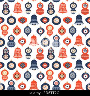 Vector Christmas seamless pattern with stylish ornaments in blue and red color on white background for greeting cards, wrapping paper and holiday desi Stock Vector
