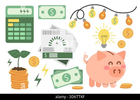 Saving energy and money. Saving bills. Set of money-related icons. Utility bills, piggy bank, calculator. Flat style illustrations. Stock Vector
