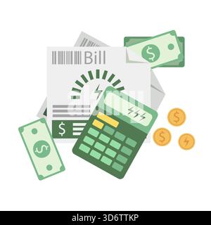 Electricity cost analysis with bills and calculator. Illustration of utility bills with a calculator and payment details. Flat style. Stock Vector