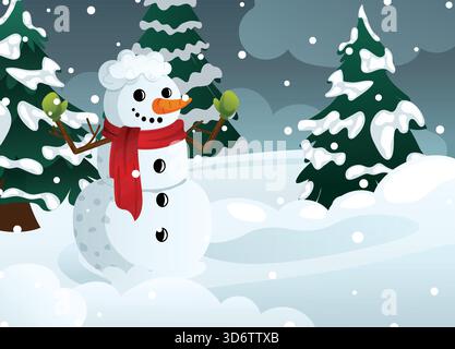Happy Snowman with Scarf and Mittens in Snowy Outdoors with Fir Trees - Cartoon Winter Snowy Landscape Illustration with Copyspace Stock Vector