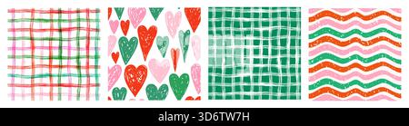 Christmas red, green and pink vector seamless patterns, background texture set with plaid design with crossing rough, irregular brush strokes, wavy st Stock Vector
