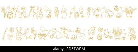 Set Easter golden border horizontal design with bunnies, flowers, sweets, easter eggs spring elements, seamless background, stencil decoration. . Vector illustration Stock Vector