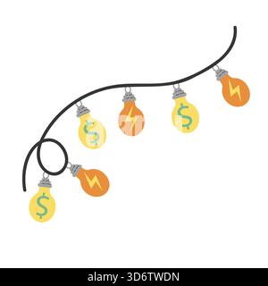 Garland with light bulbs. Light fixture with dollar and energy symbols. Electricity price, electricity bill icon. Utility bill. Flat style illustratio Stock Vector