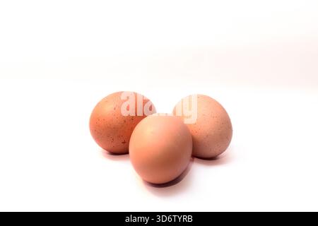 Three brown eggs resting on a bright white background, minimal food still life representing protein, nutrition and natural ingredient. Stock Photo