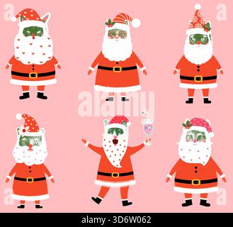 Funny vector Santa Claus Cats with Christmas hats, Half tone retro collage design for greeting cards, banners, posters Stock Vector