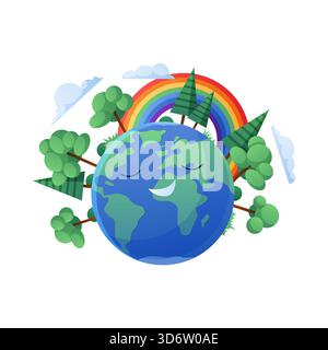 Smiling planet Earth surrounded by trees and rainbow on a white isolated background vector illustration Stock Vector