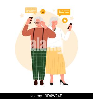 Elderly couple using smartphones and chatting, standing together, isolated on white vector illustration Stock Vector