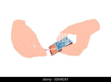 Two hands holding a match and matchbox on a white isolated background vector illustration Stock Vector
