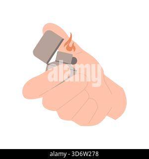 Isolated hand holding a metal lighter with visible flame on white background vector illustration Stock Vector